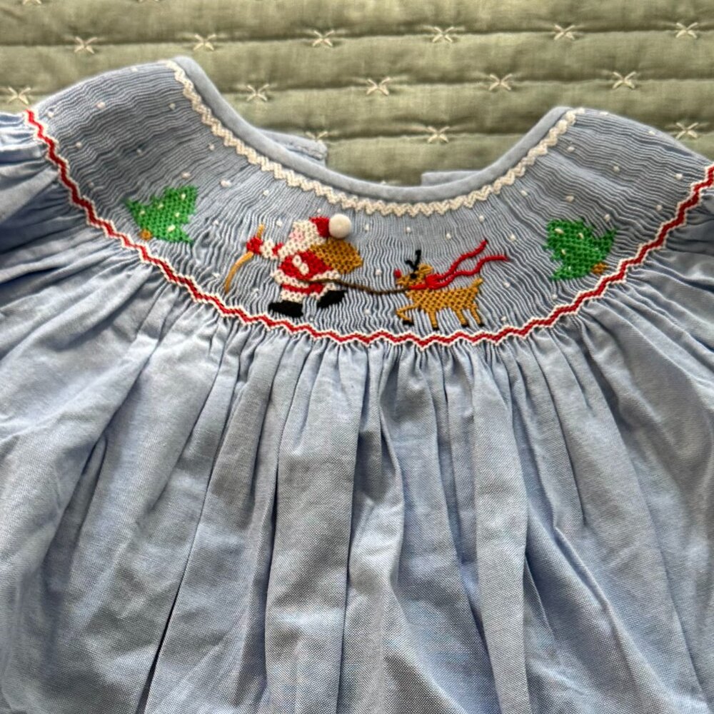 NEW SWEET DREAMS Smocked Santa and Reindeer Embroidered Blue Dress